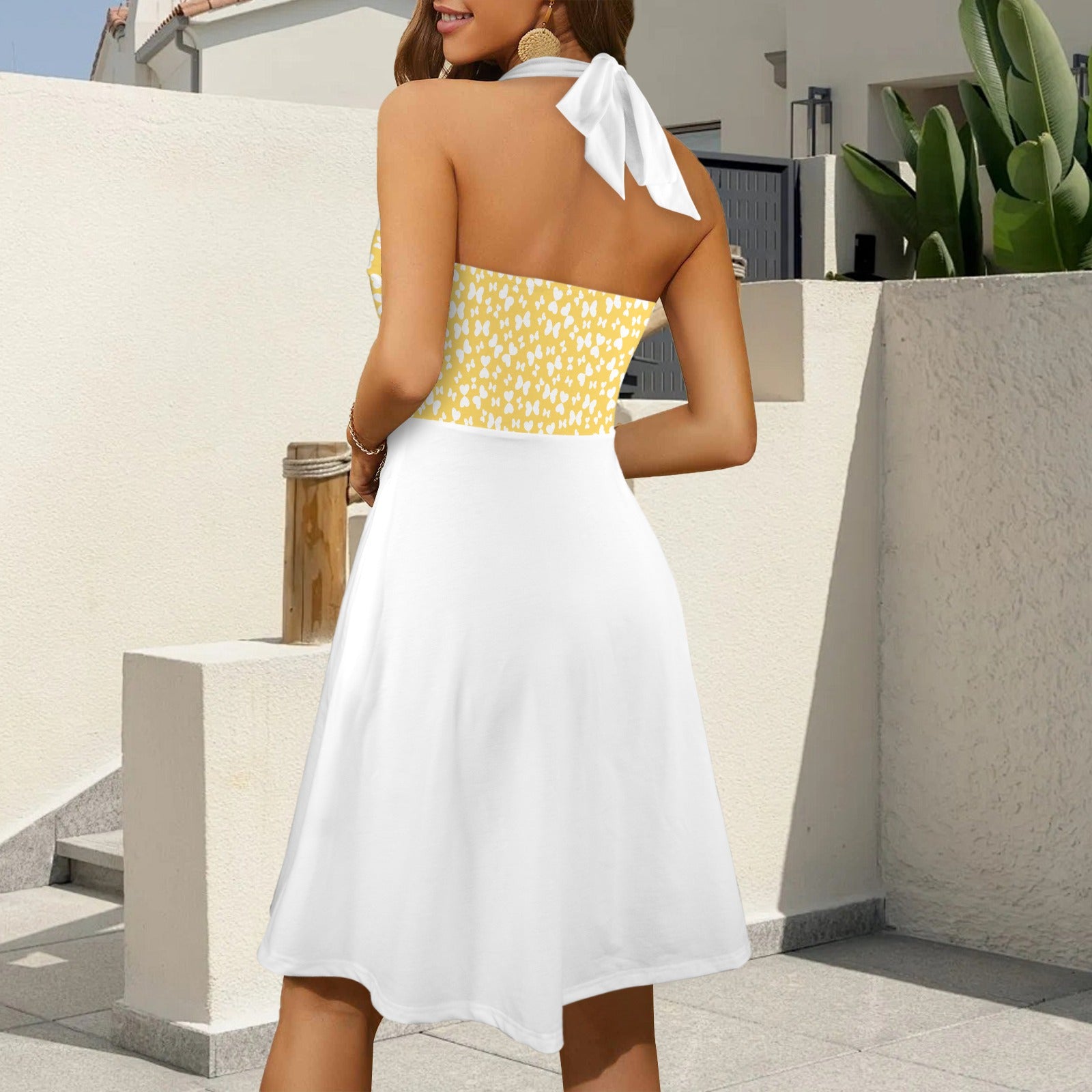 Sleeveless Halterneck Pocket Dress Yellow Butterflies White