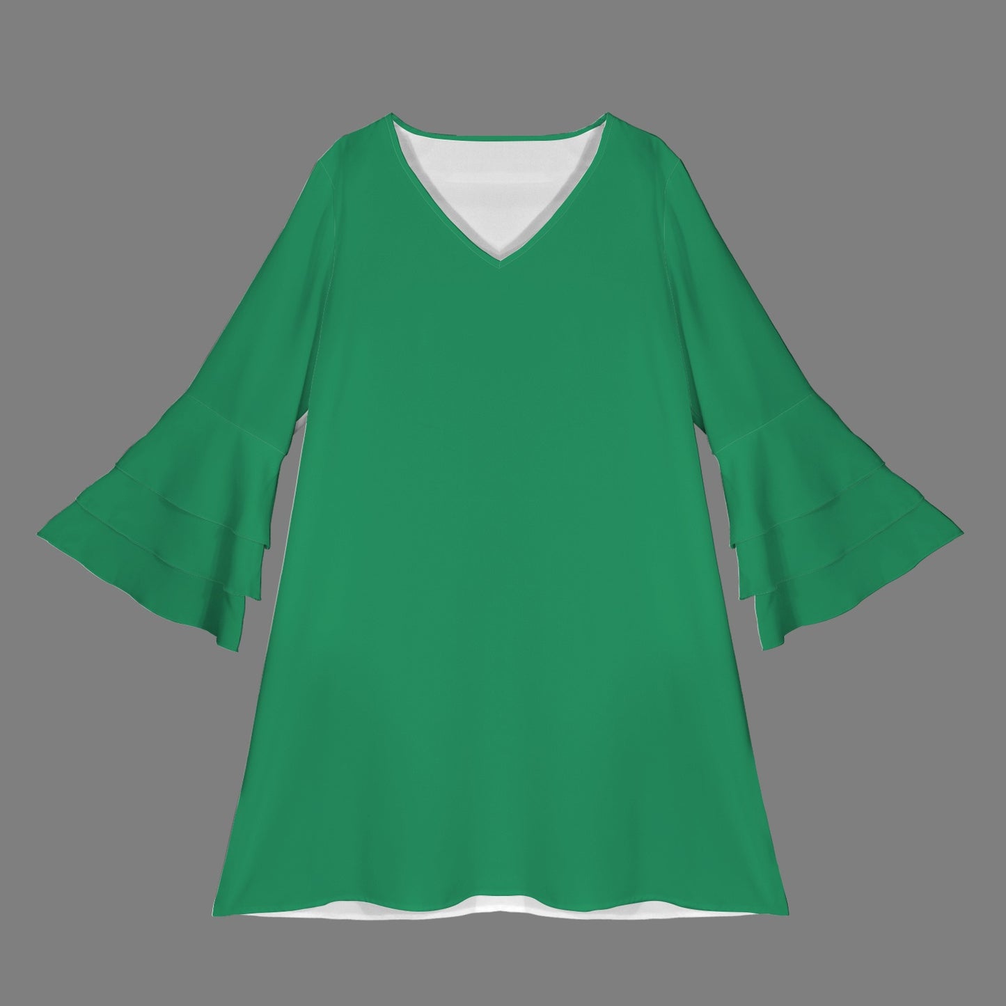 Emerald V Neck Layered Flared Sleeve Dress