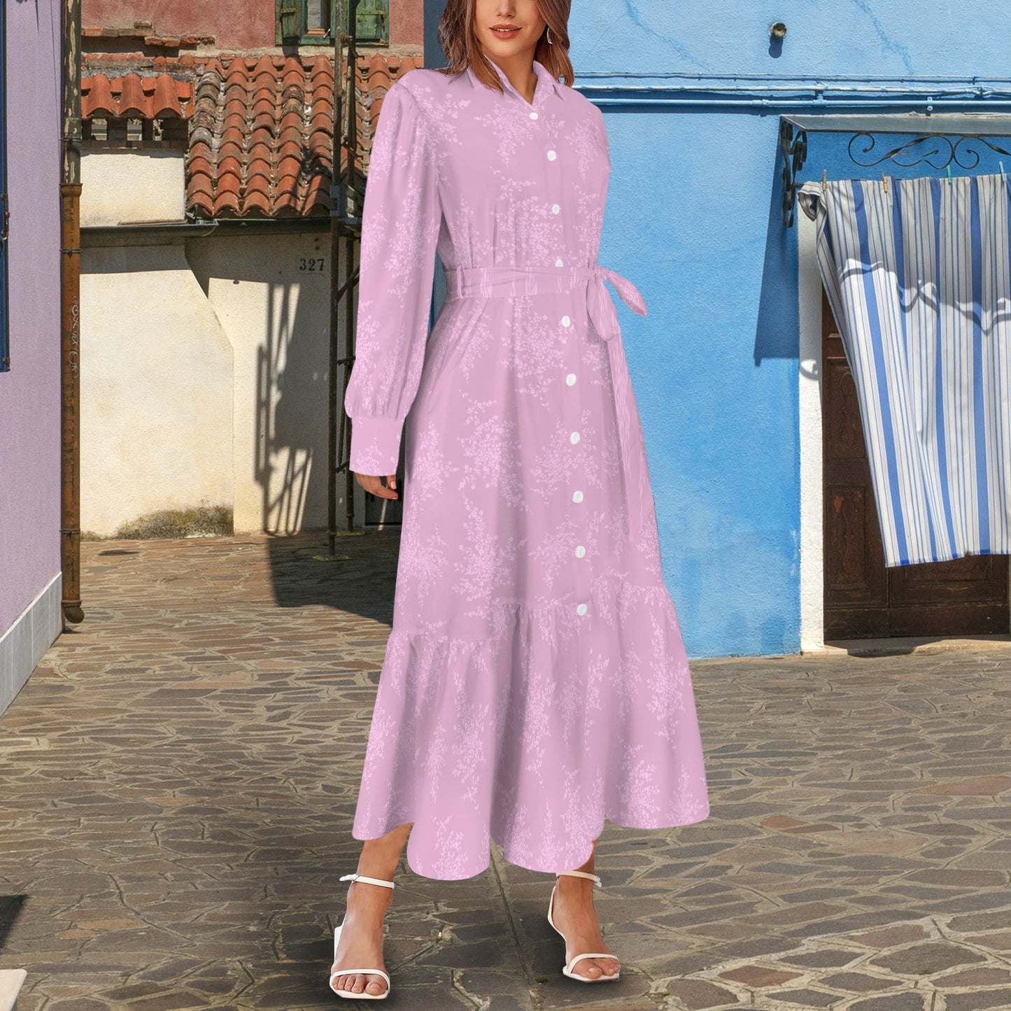 Lapel Lantern Long Sleeve Button Tie Waist Maxi Dress Light Mauve Fuchsia Floral