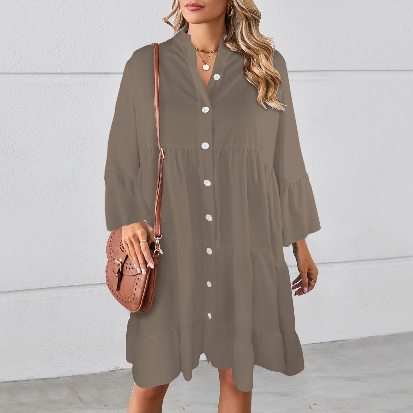 Taupe Flared Sleeve Button Tiered Shirt Dress