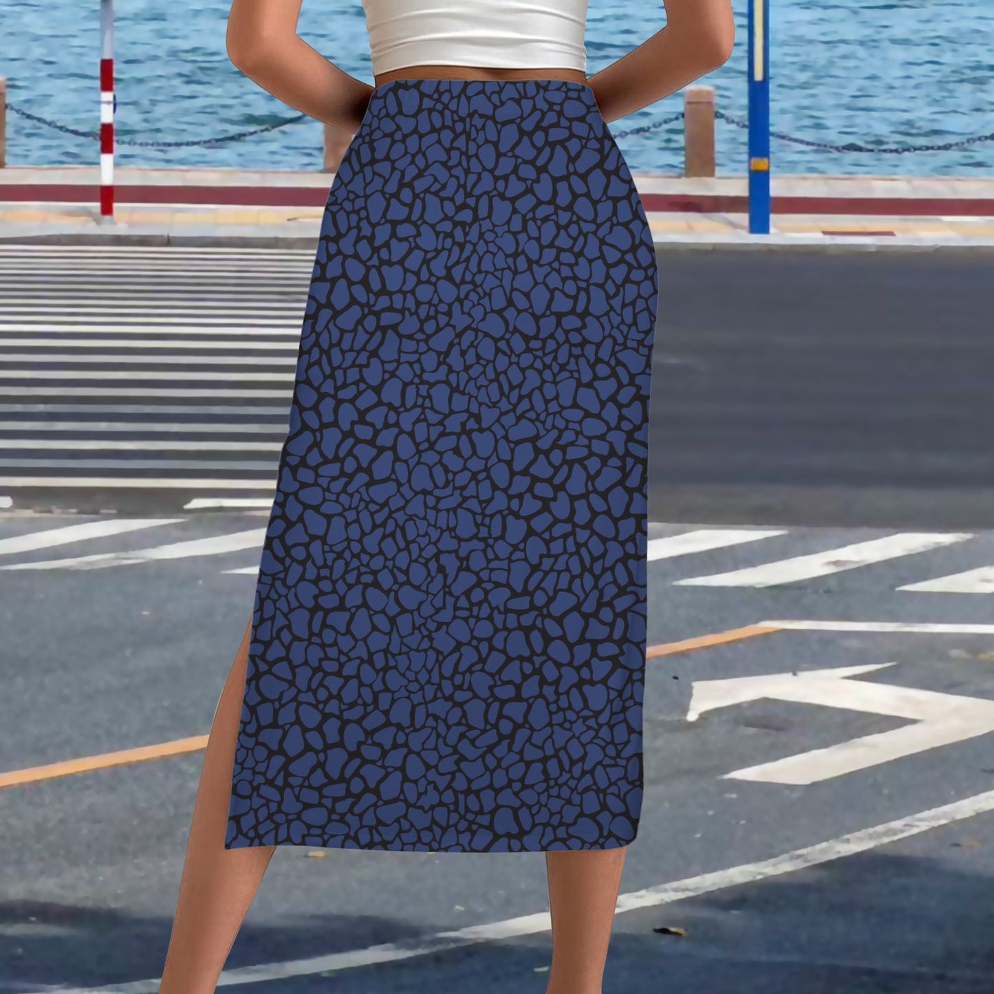 High Waist Split Skirt Bold Blue Black Petal Print