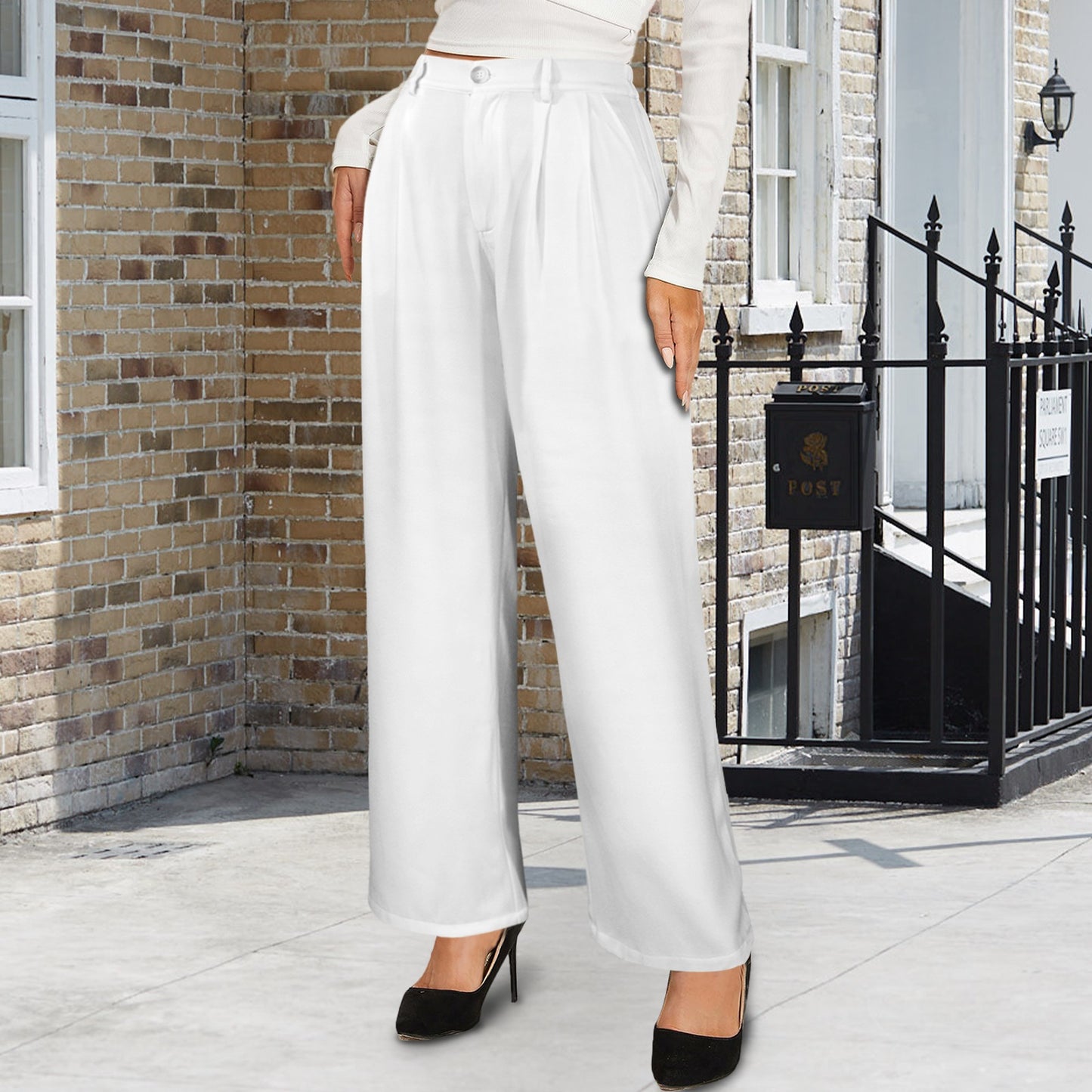 High Waist Long Straight Wide Leg Pants White