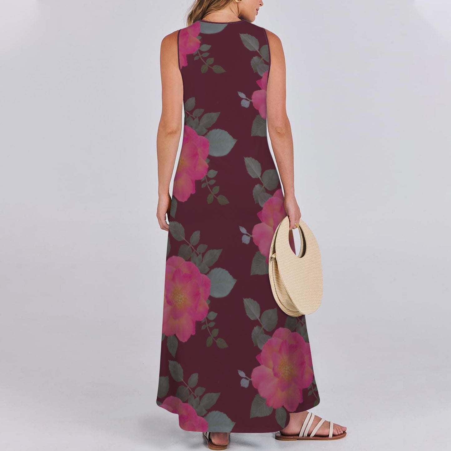 Sleeveless Maxi Dress Roses Dark Berry