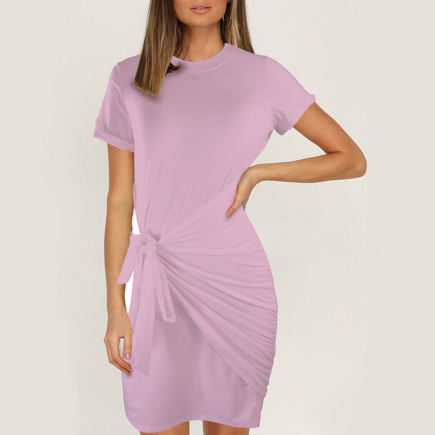 Short Sleeve Wrap Bodycon Ruched Tie Waist Mauvy