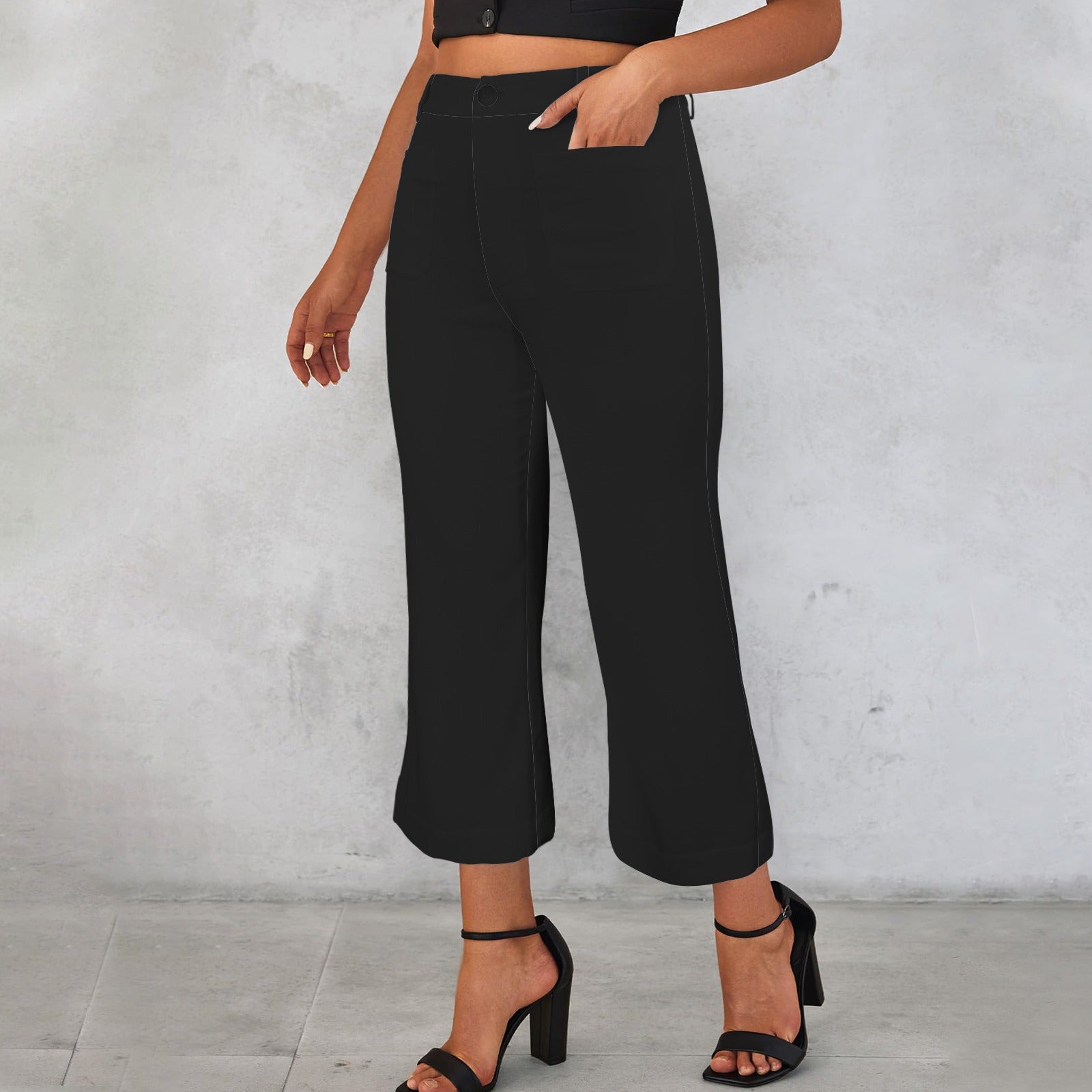 High Waist Pocket Flared Cropped Pants Black