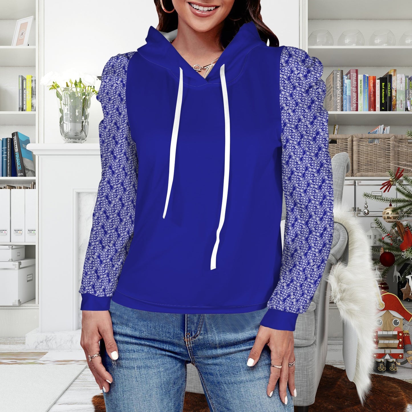 Pleated Puff Sleeve Hooded Fleece Sweatshirt Royal Blue White Floral