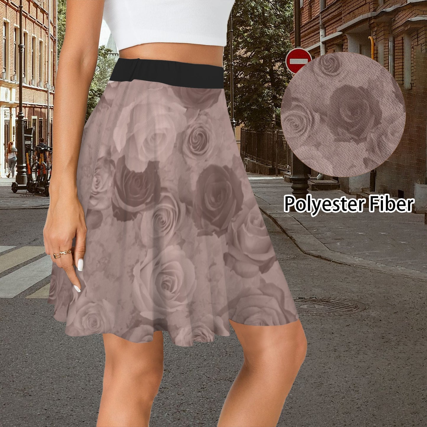 Elastic Waist Casual Flared Mini Skirt Mauvy Taupe Roses