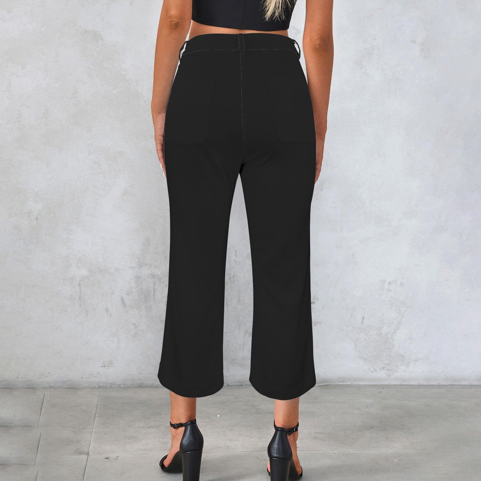 High Waist Pocket Flared Cropped Pants Black