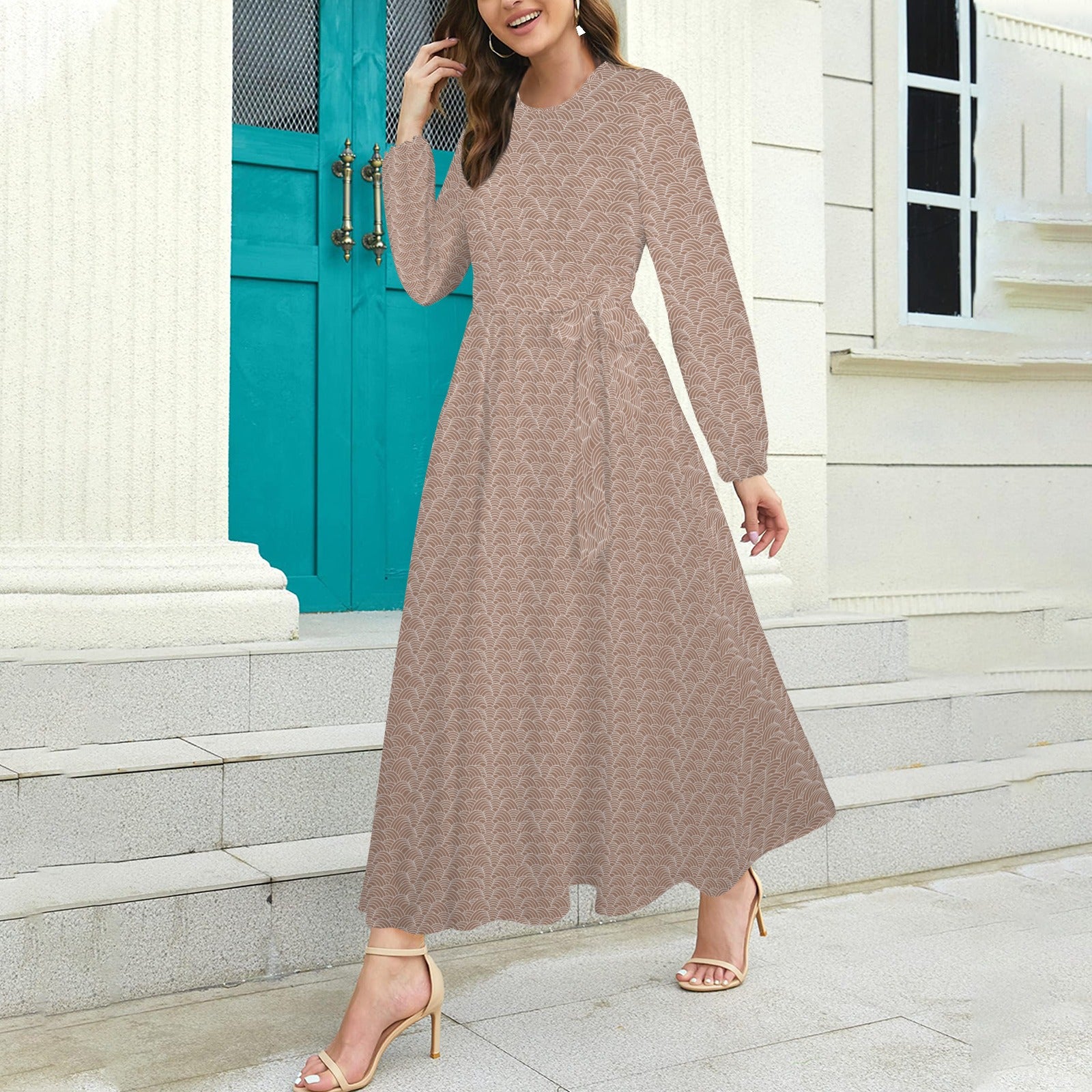 Light Beige Brown Scallop Print Long Sleeve Dress