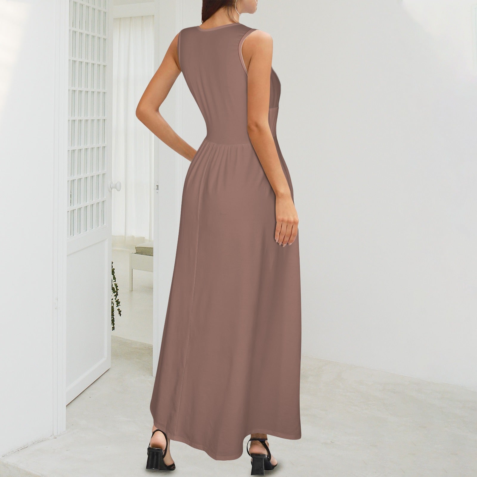 Dark Natural Neutral Maxi Dress Sleeveless V-Neck