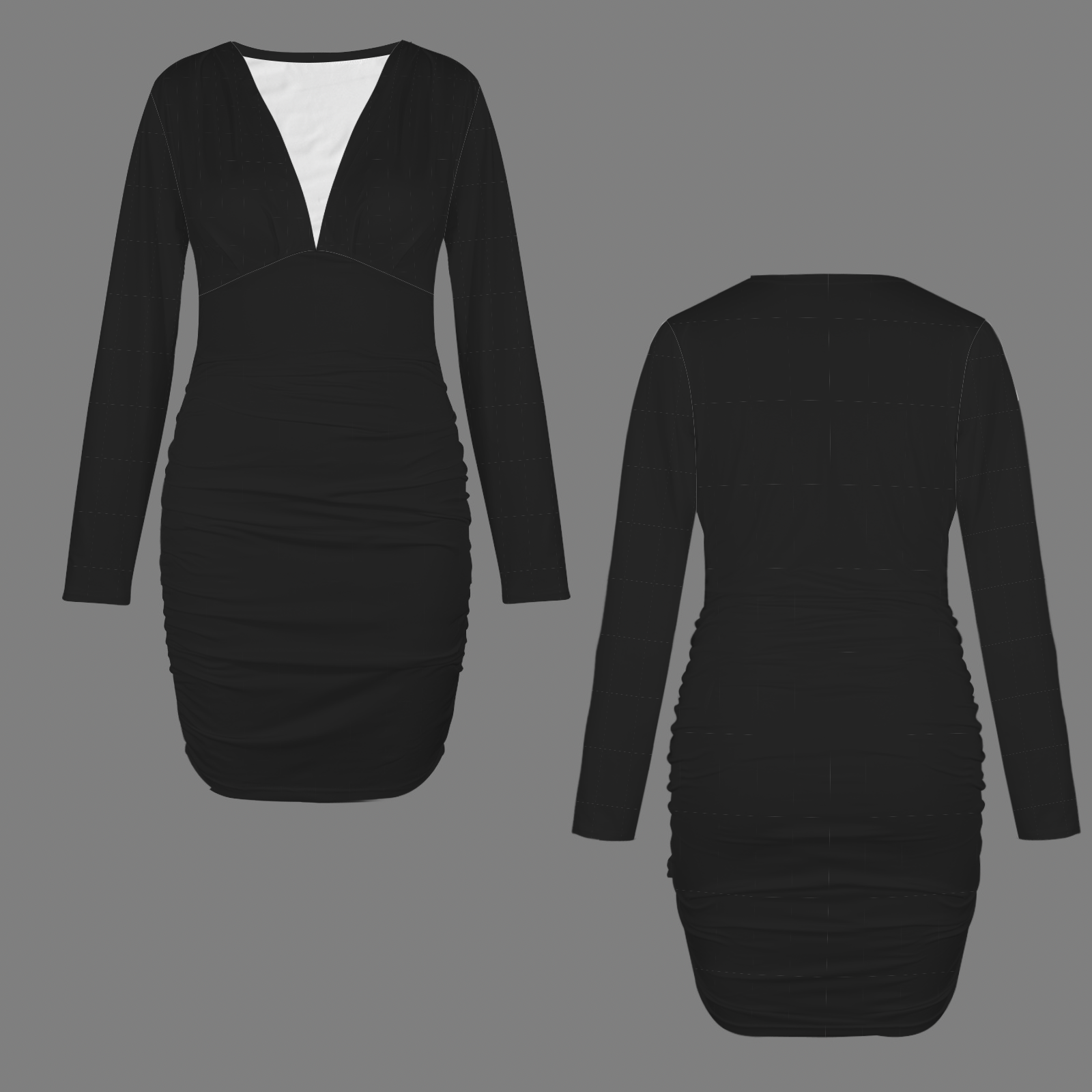 Black Long Sleeve V-Nech Ruched Bodycon Dress