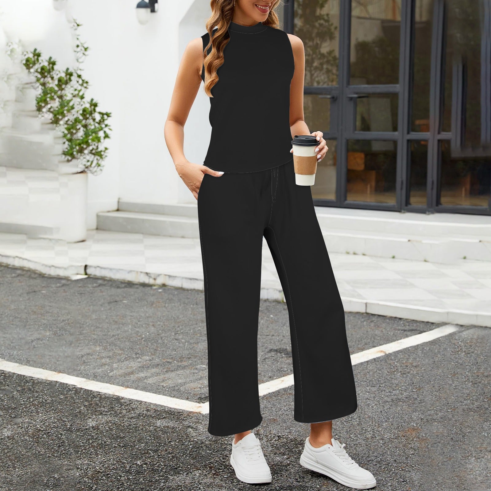 Sleeveless Mock Neck Top & Wide Leg Cropped Pants Set Black