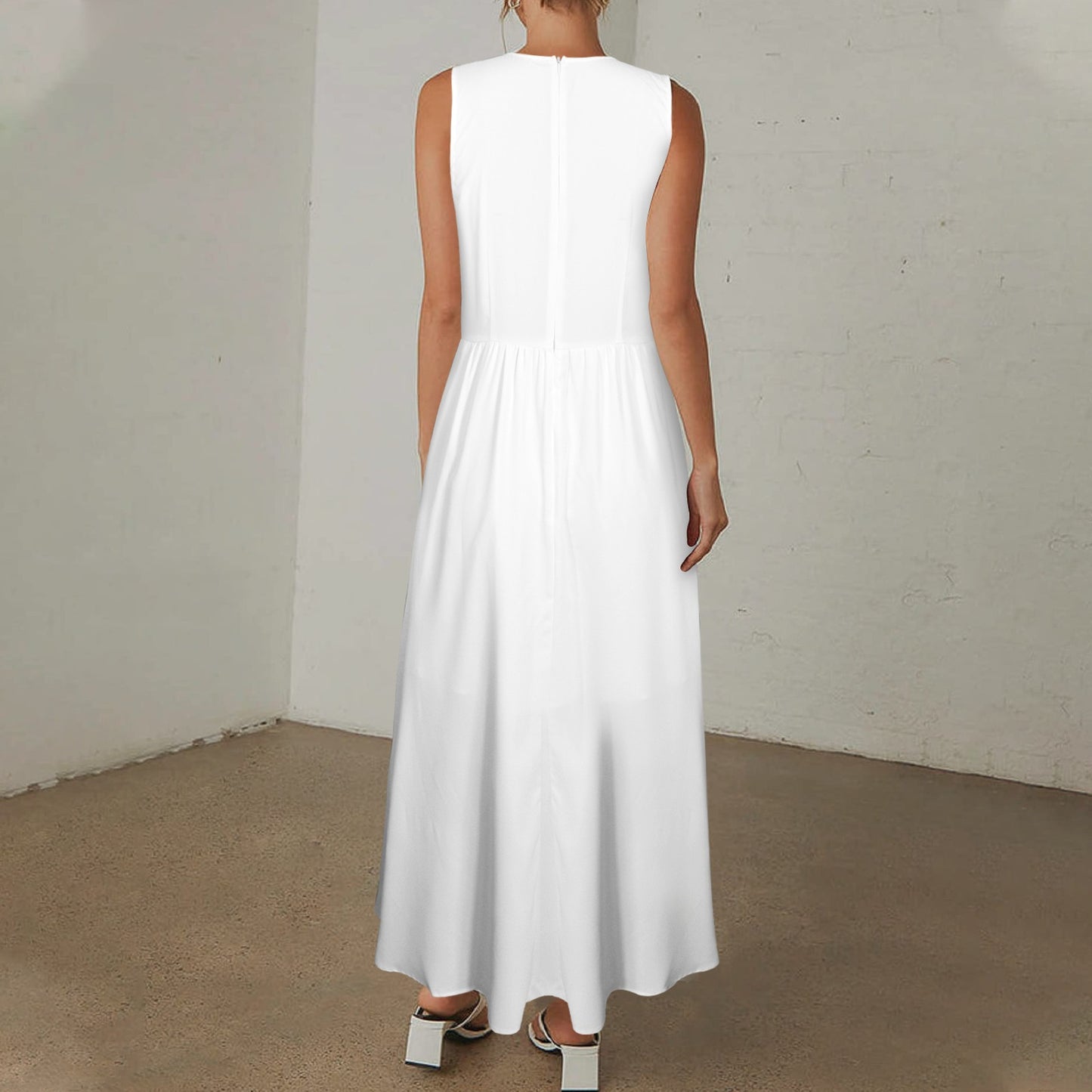 Deep V-Neck Sleeveless High Waist Maxi Dress White