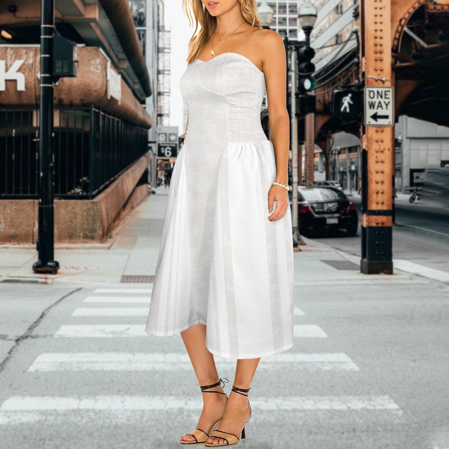 Tube Top Cinched Waist Fluffy Fairy Maxi Dress Natural Floral White Stripe