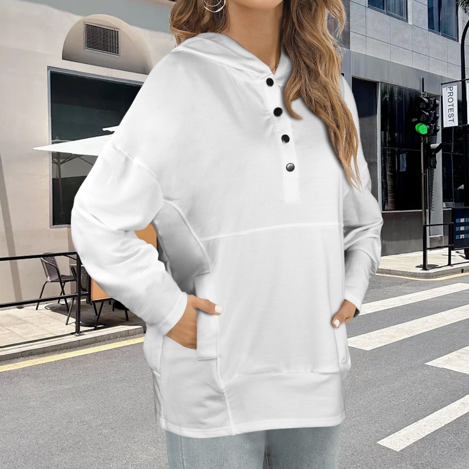 Button V Neck Pocket Hoodies White