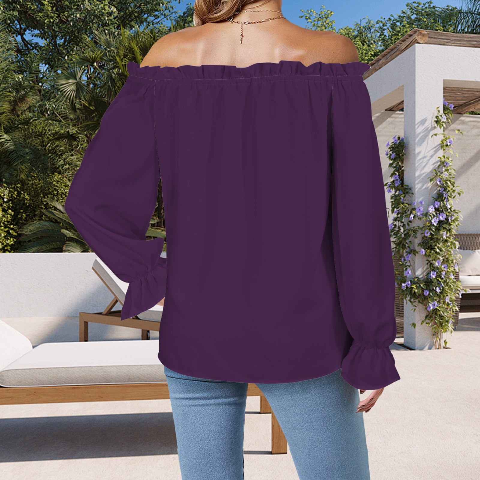 Off Shoulder Lantern Sleeve Ruffle Trim Blouse Flower Purple