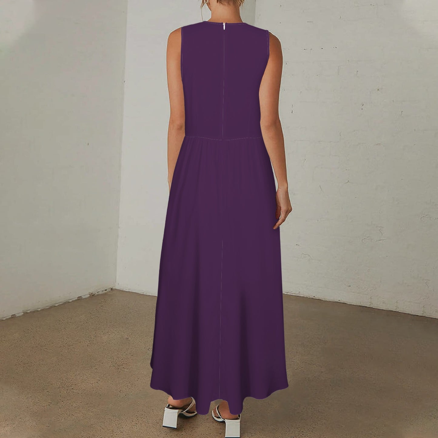 Deep V-Neck Sleeveless Hight Waisted Maxi Dress Flower Purple