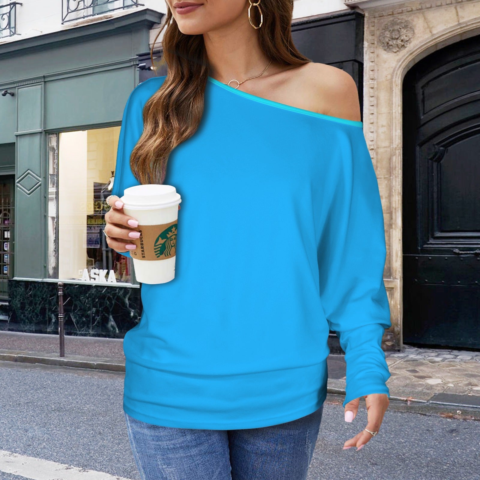 Casual Long Batwing Sleeve Off Shoulder Sweater Top Blue Bright