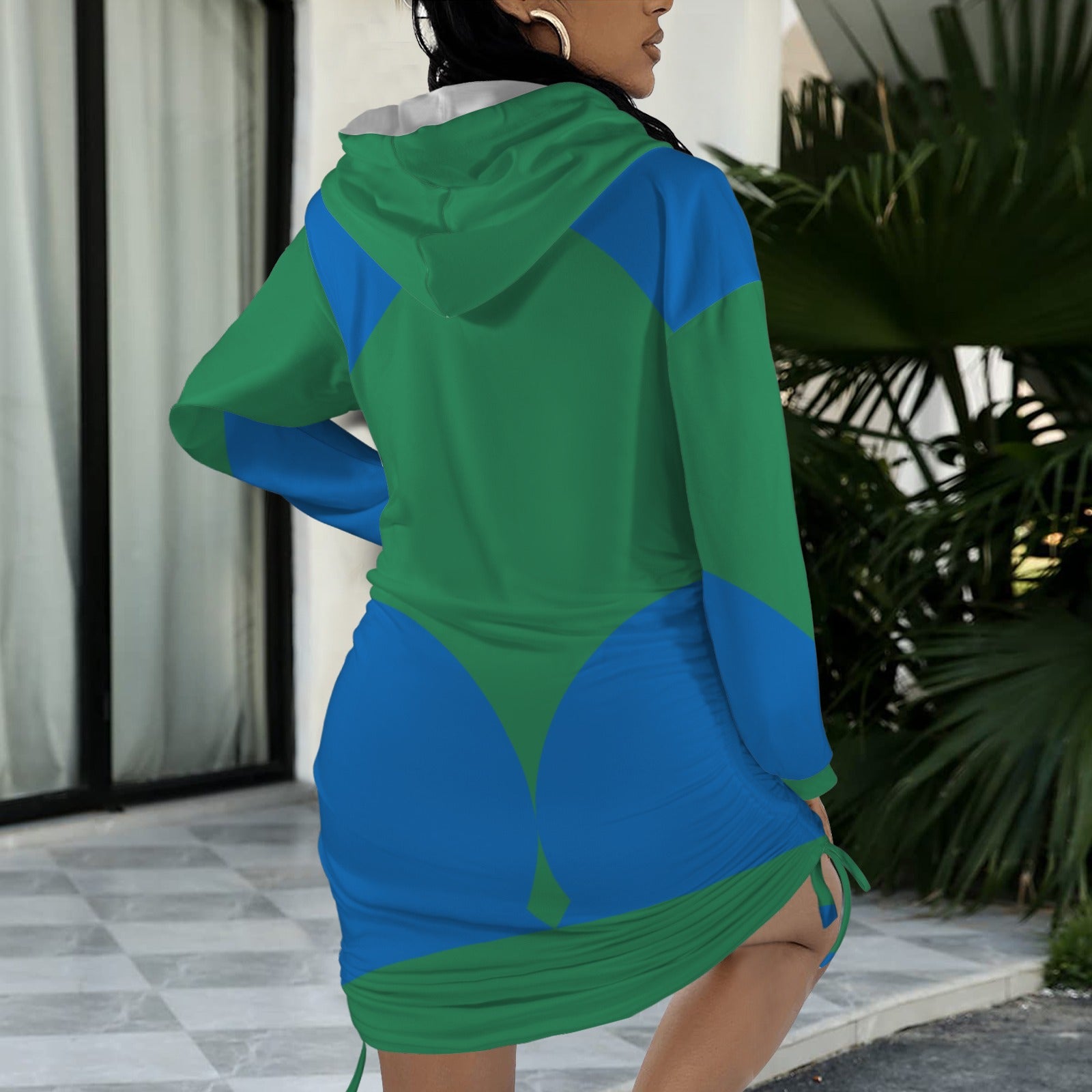 Peacock Hued Hoodie Drawstring Sweatshirt Dress