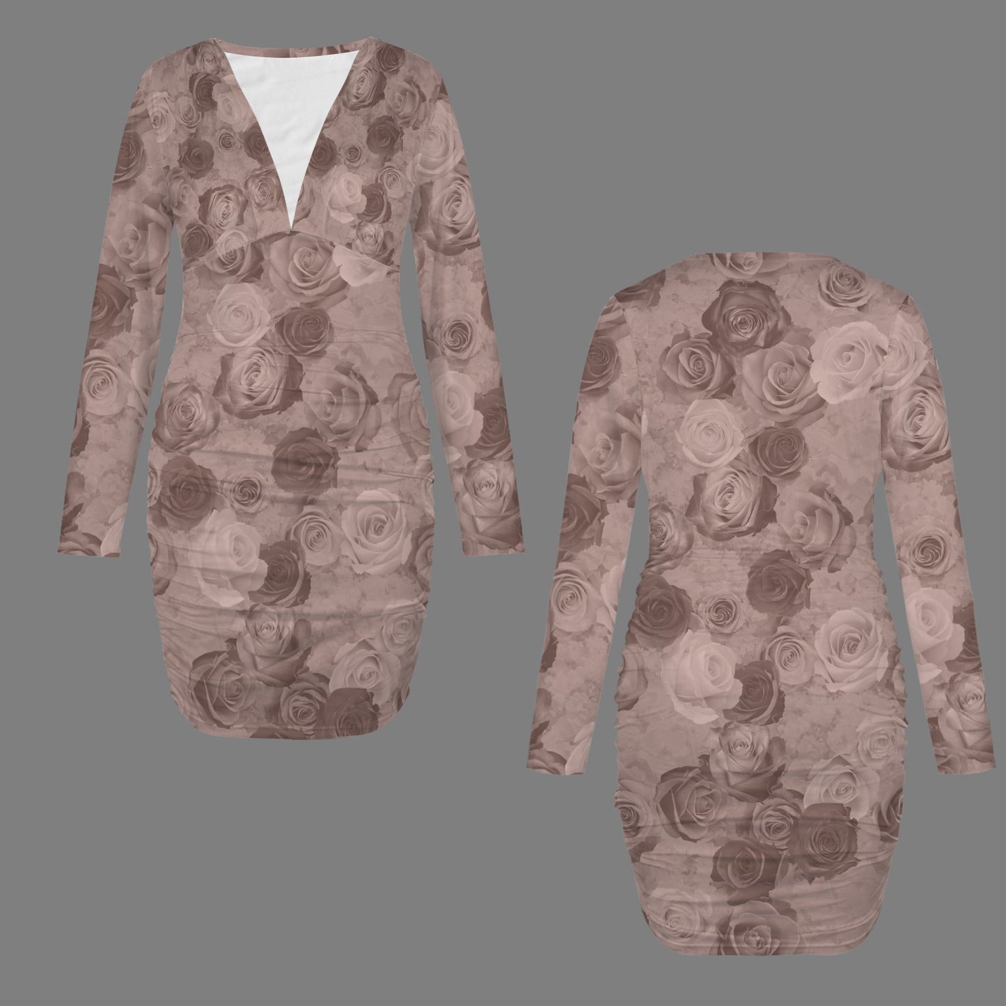 Mauvy Taupe Roses Print Fitted V-Neck Long Sleeve Dress