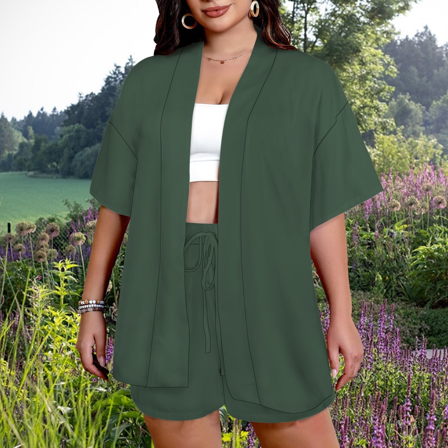 Open Front Lightweight Cardigan Top & Drawstring Waist Shorts Set Dark Olive