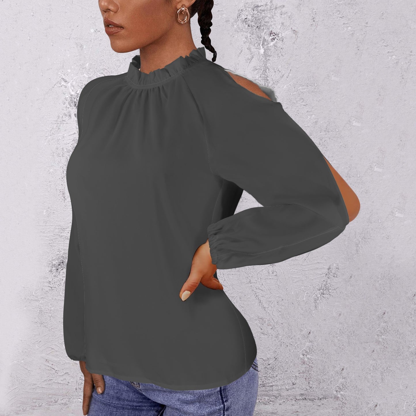 Lotus Leaf Round Neck Long Sleeve Pleated Off Shoulder Blouse Dark Grey