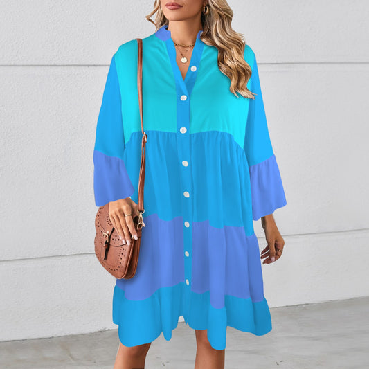 Flared Sleeve Button Tiered Shirt Dress Multi Blue