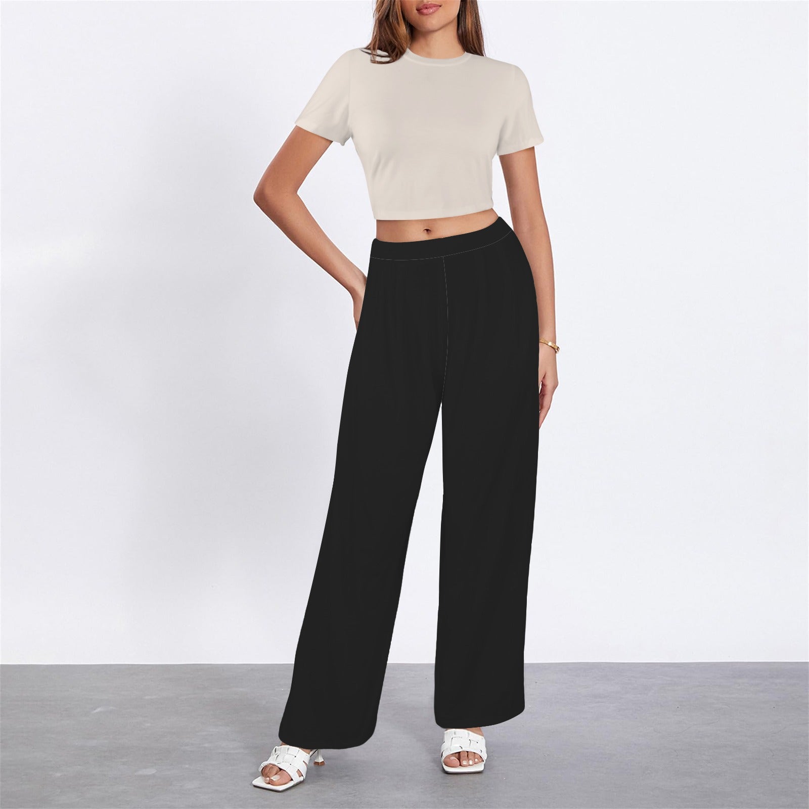 Crew Neck Short Sleeve Crop Top & Wide Leg Pants Set Light Beige & Black