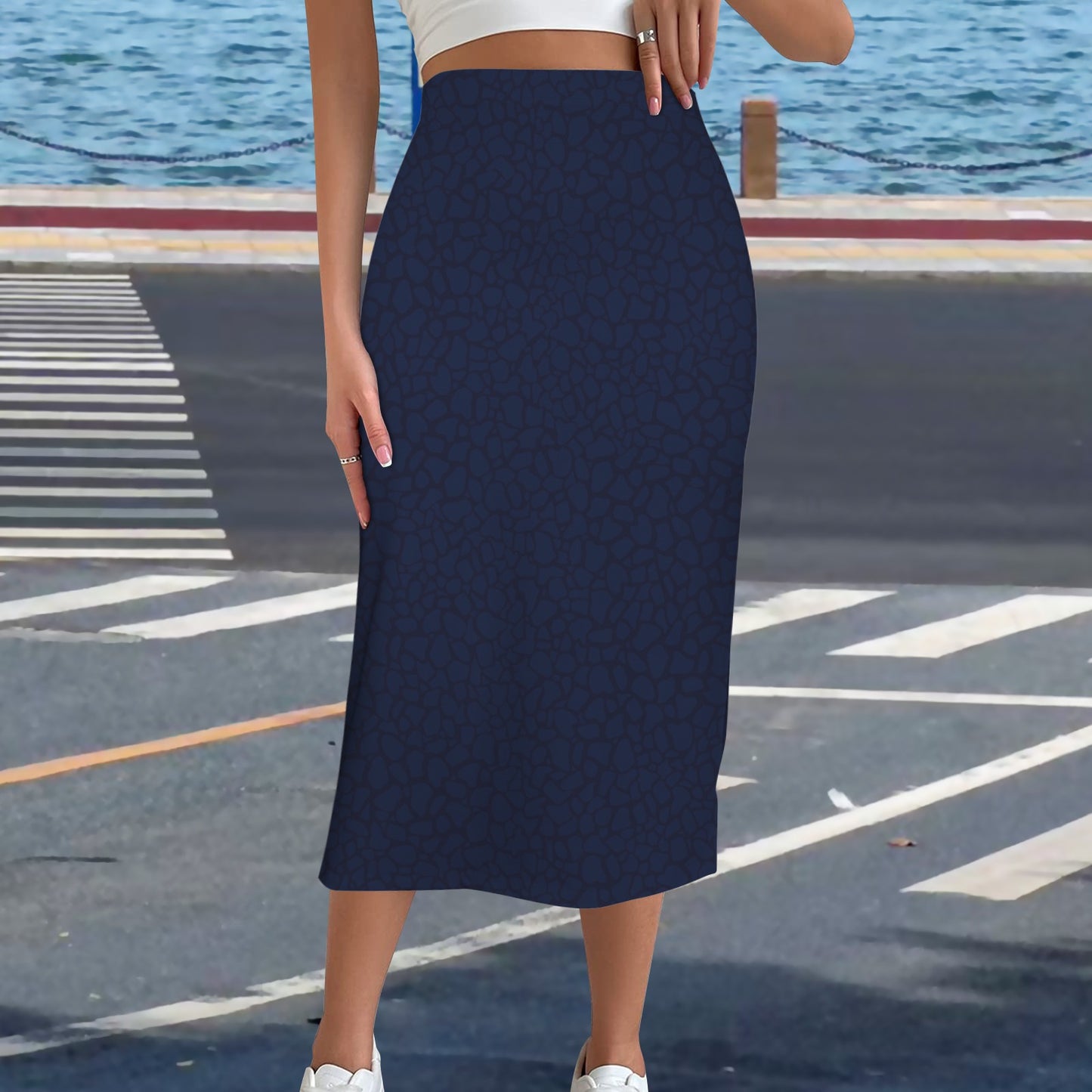 High Waist Split Skirt Dark Blue Petal Print