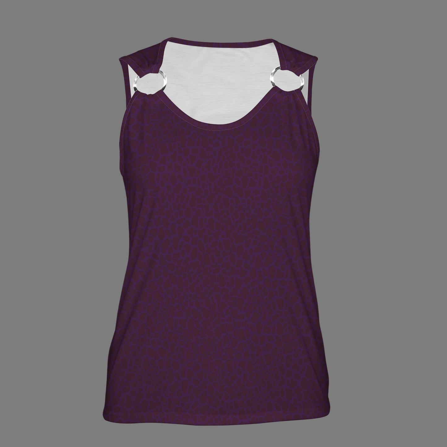 Plum Berry Dark Petal Print Sleeveless Ring Buckle Tank Top