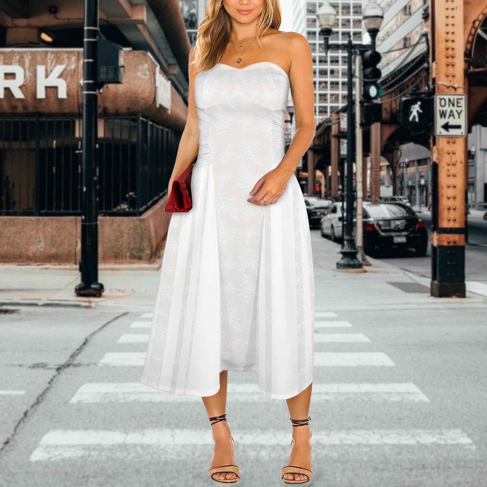 Tube Top Cinched Waist Fluffy Fairy Maxi Dress Natural Floral White Stripe