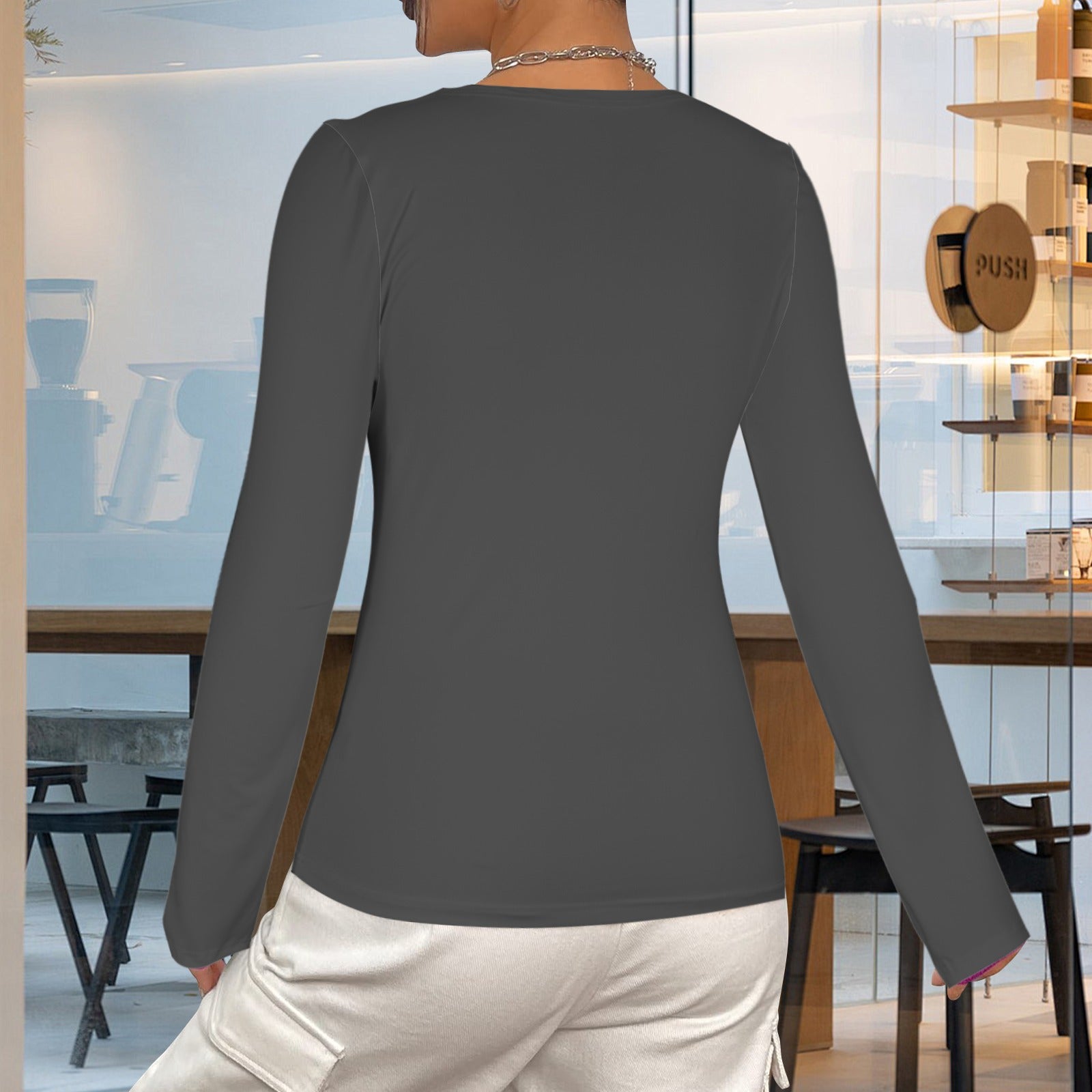 Dark Grey Twist V Neck Long Sleeve Slim Fit Top