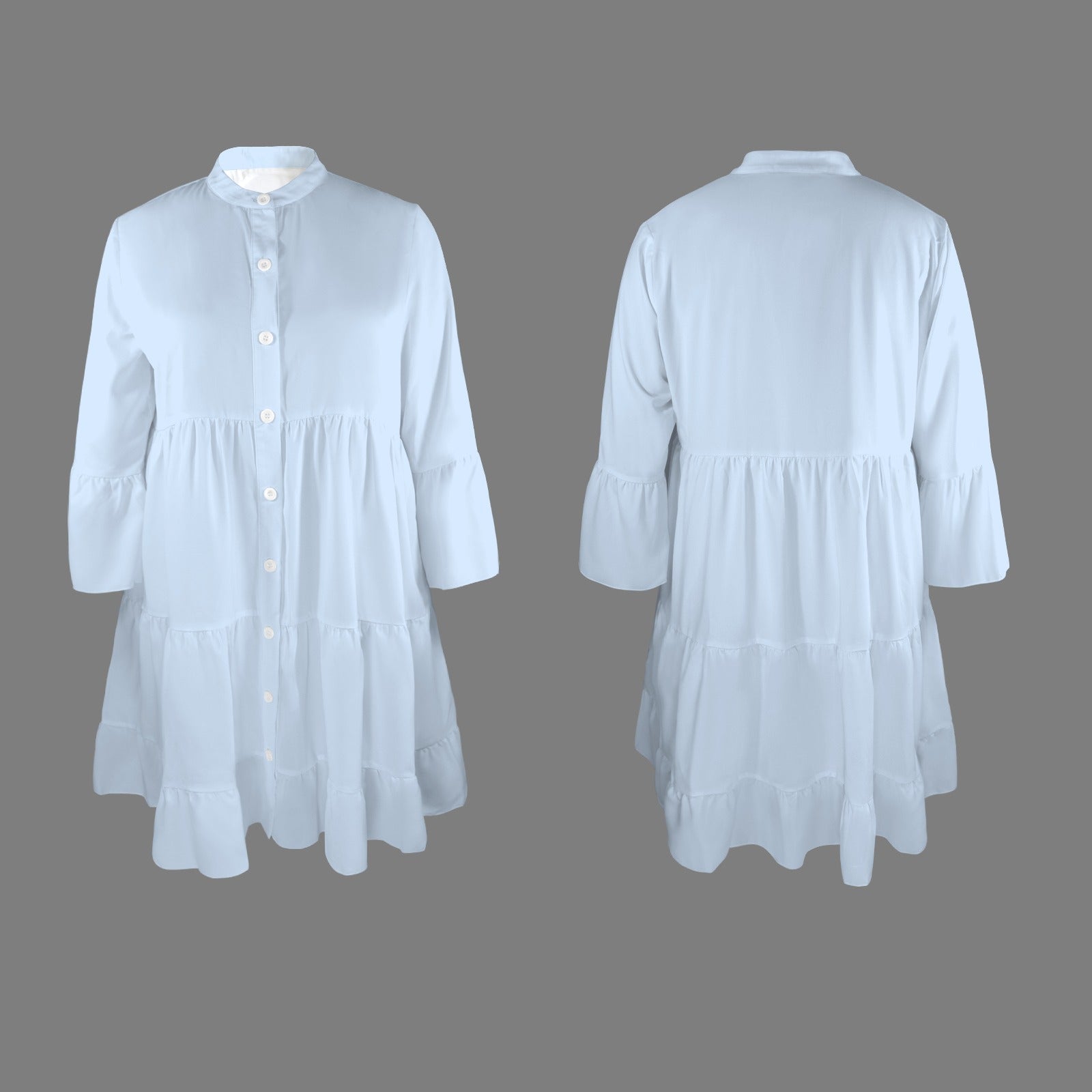 Flared Sleeve Button Tiered Shirt Dress Light Blue