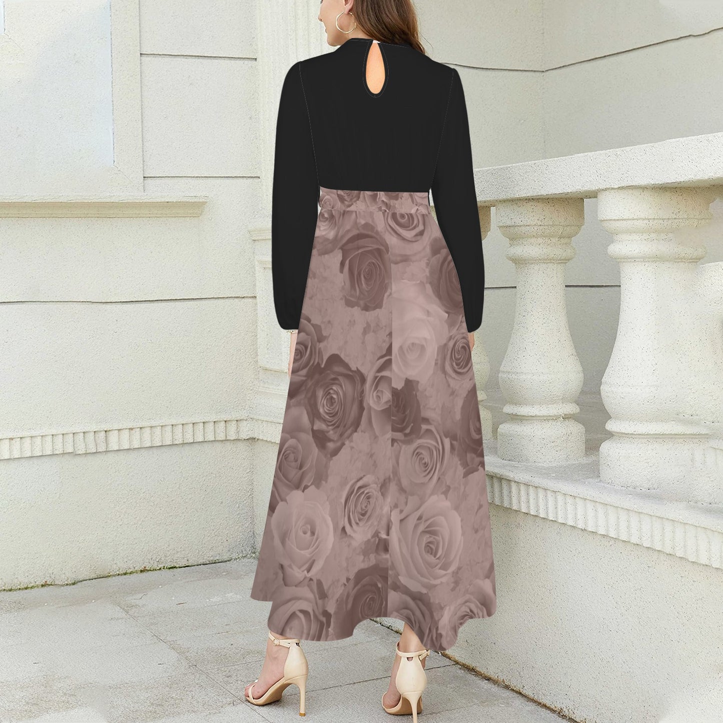 Mauvy Roses Print & Black Long Sleeved Belted Long Dress