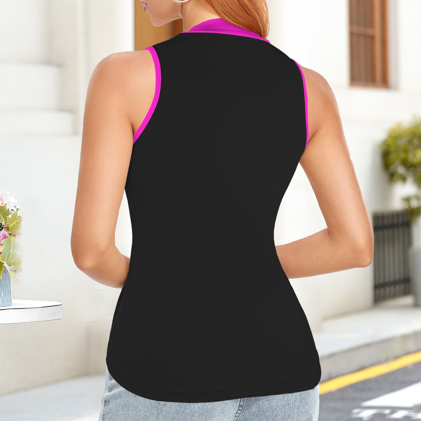 Casual Sleeveless Slim Fit Tank Top Black Fuchsia