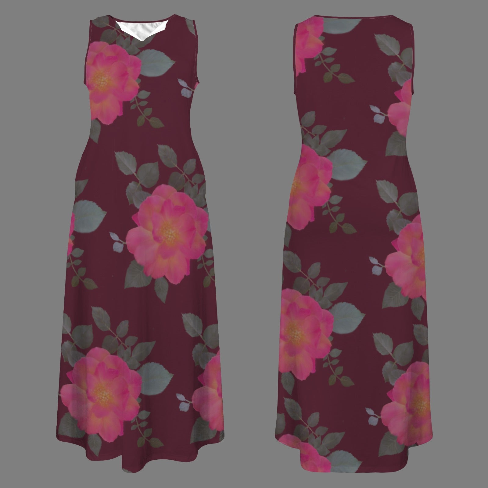 Sleeveless Maxi Dress Roses Dark Berry