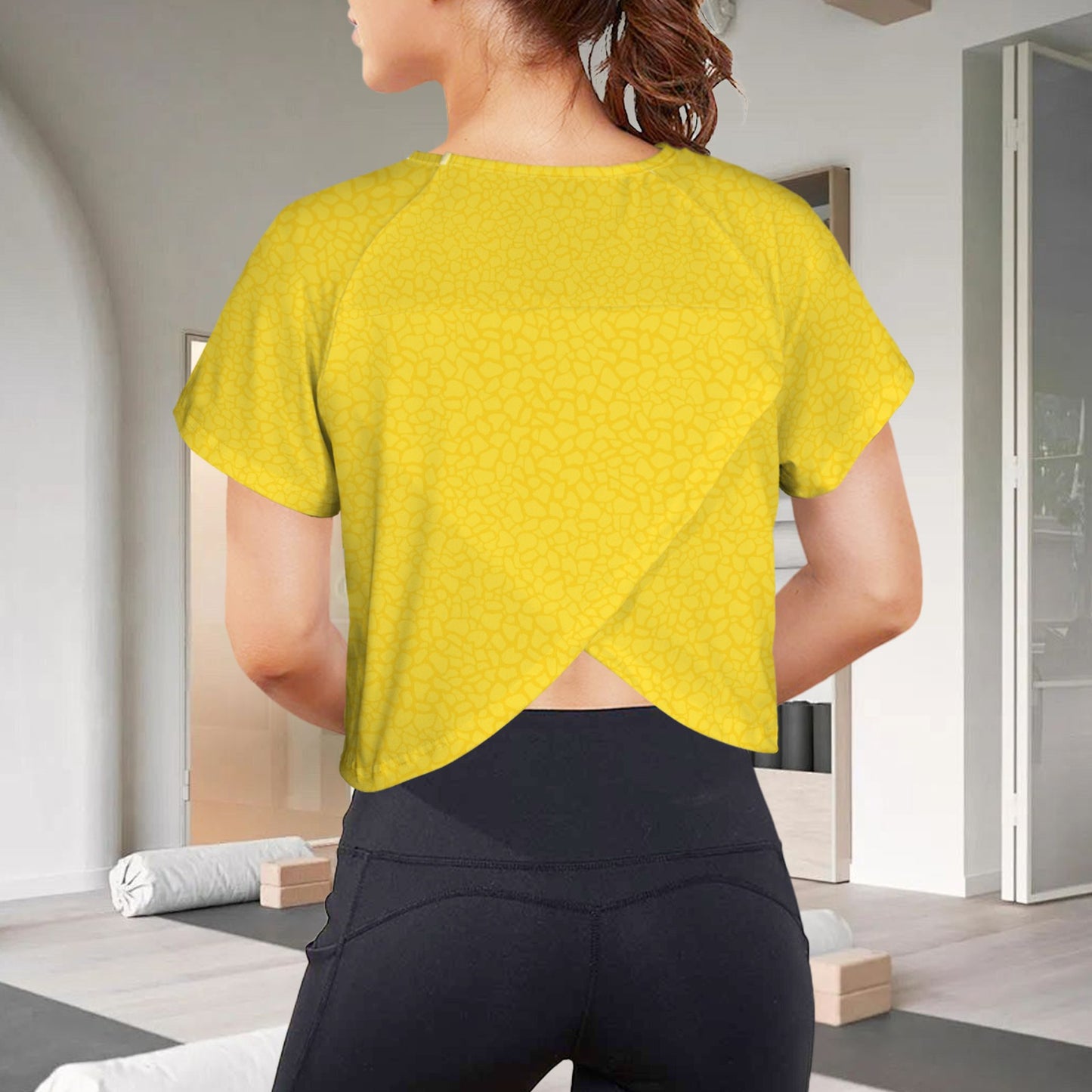 Crop Split Back Sports Tops Yellow Petal Print