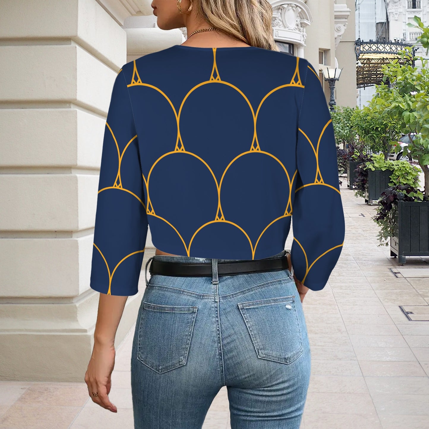 Bold Geo Blue Gold Open Front Short Blazer