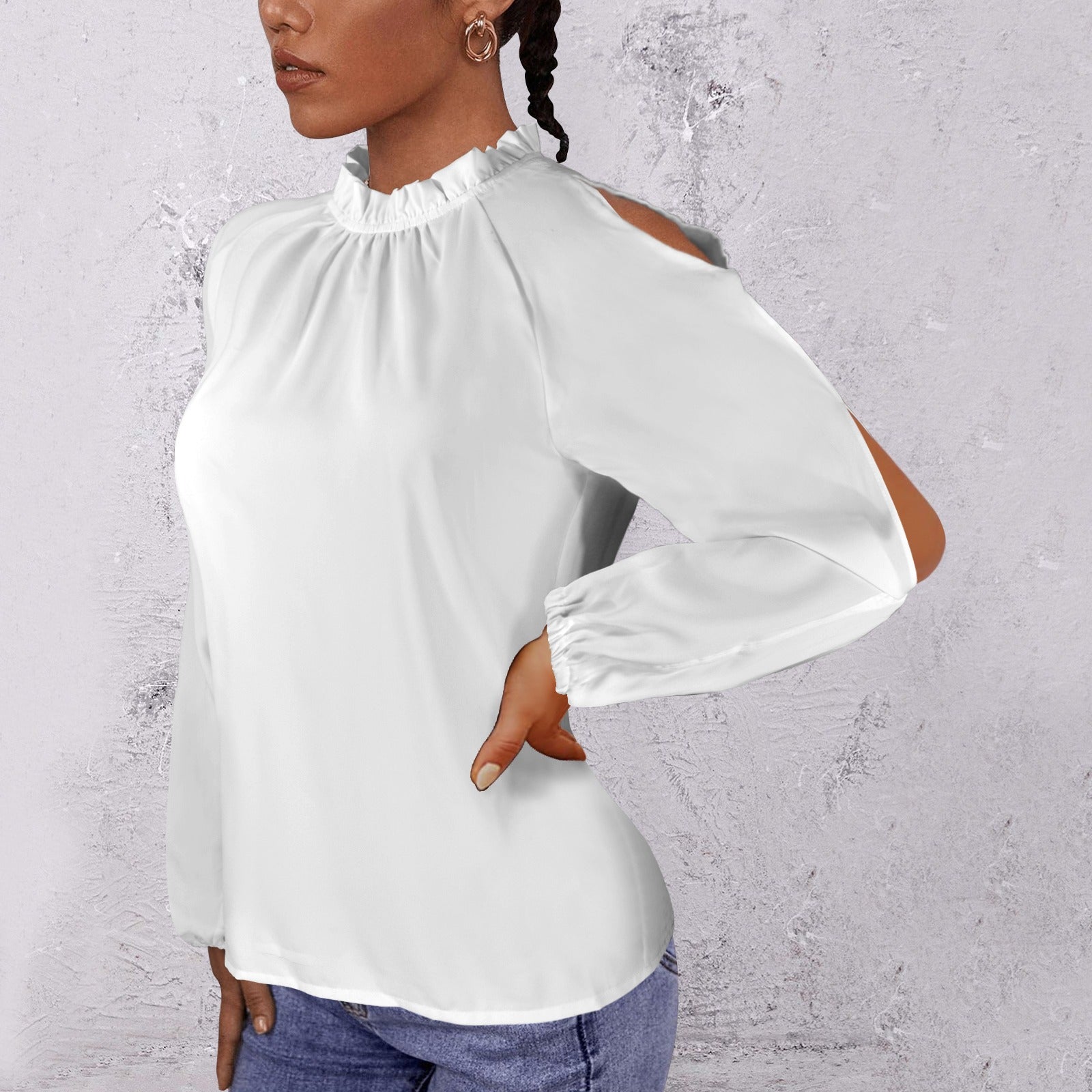 Lotus Leaf Round Neck Long Sleeve Pleated Off Shoulder Blouse White