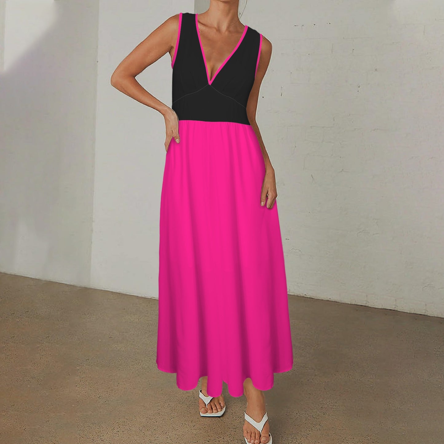 Deep V-Neck Sleeveless Hight Waisted Maxi Dress Magenta Black