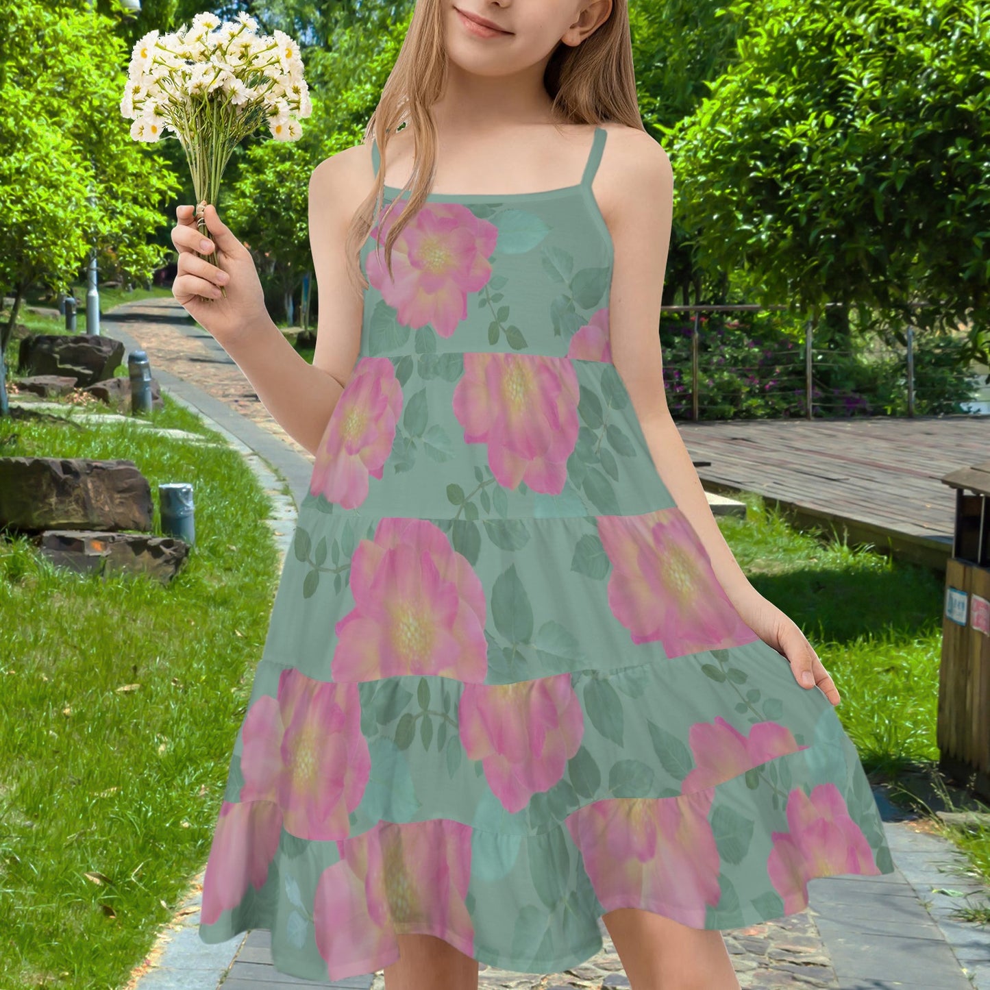 Spaghetti Strap Tiered Girls Dress Roses Dusted Green