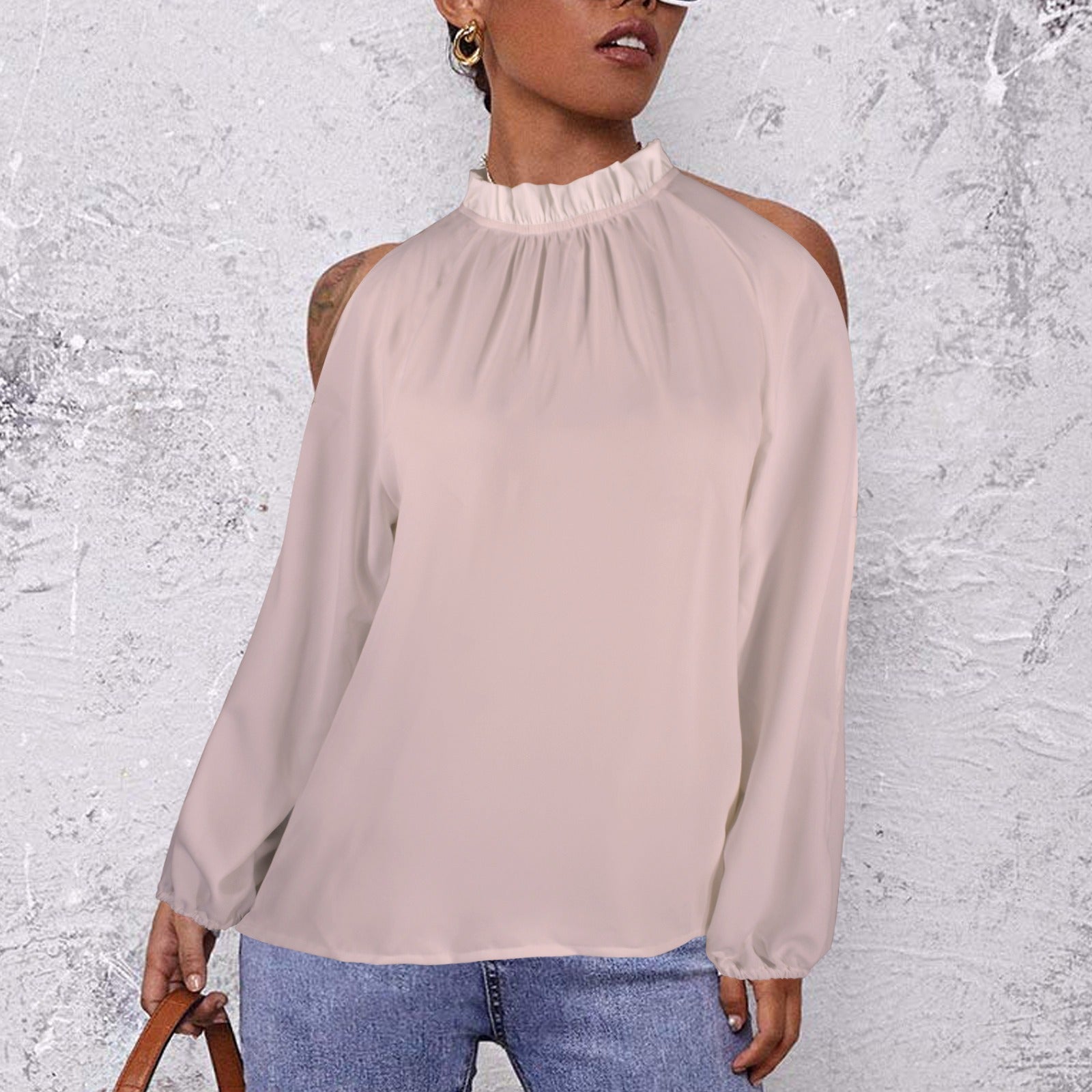 Lotus Leaf Round Neck Long Sleeve Pleated Off Shoulder Blouse Ballet Pinks