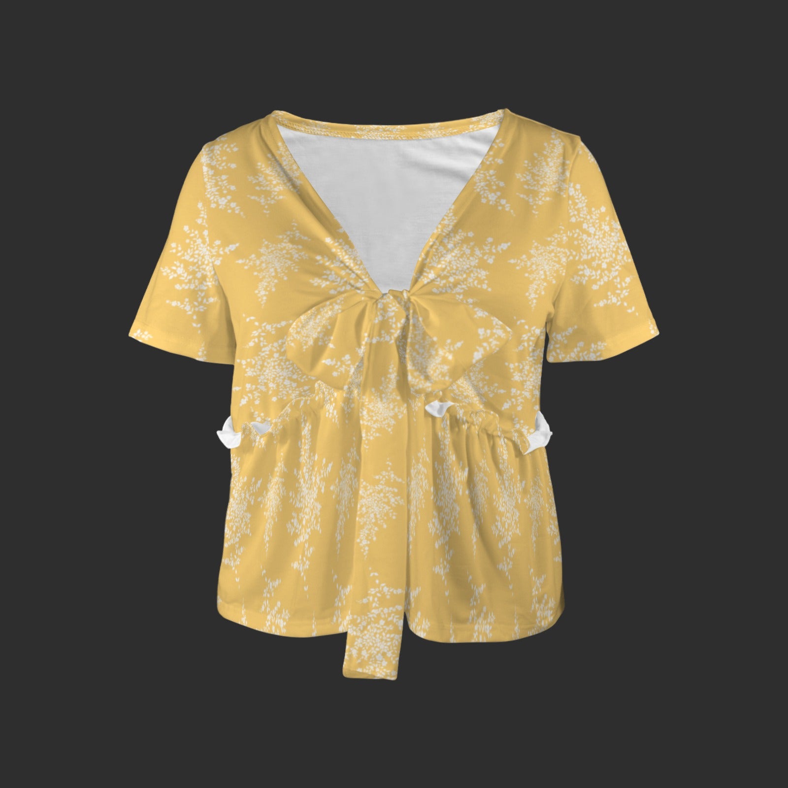 V-Neck Short Sleeve Knotted Front Blouse Top Golden White Floral