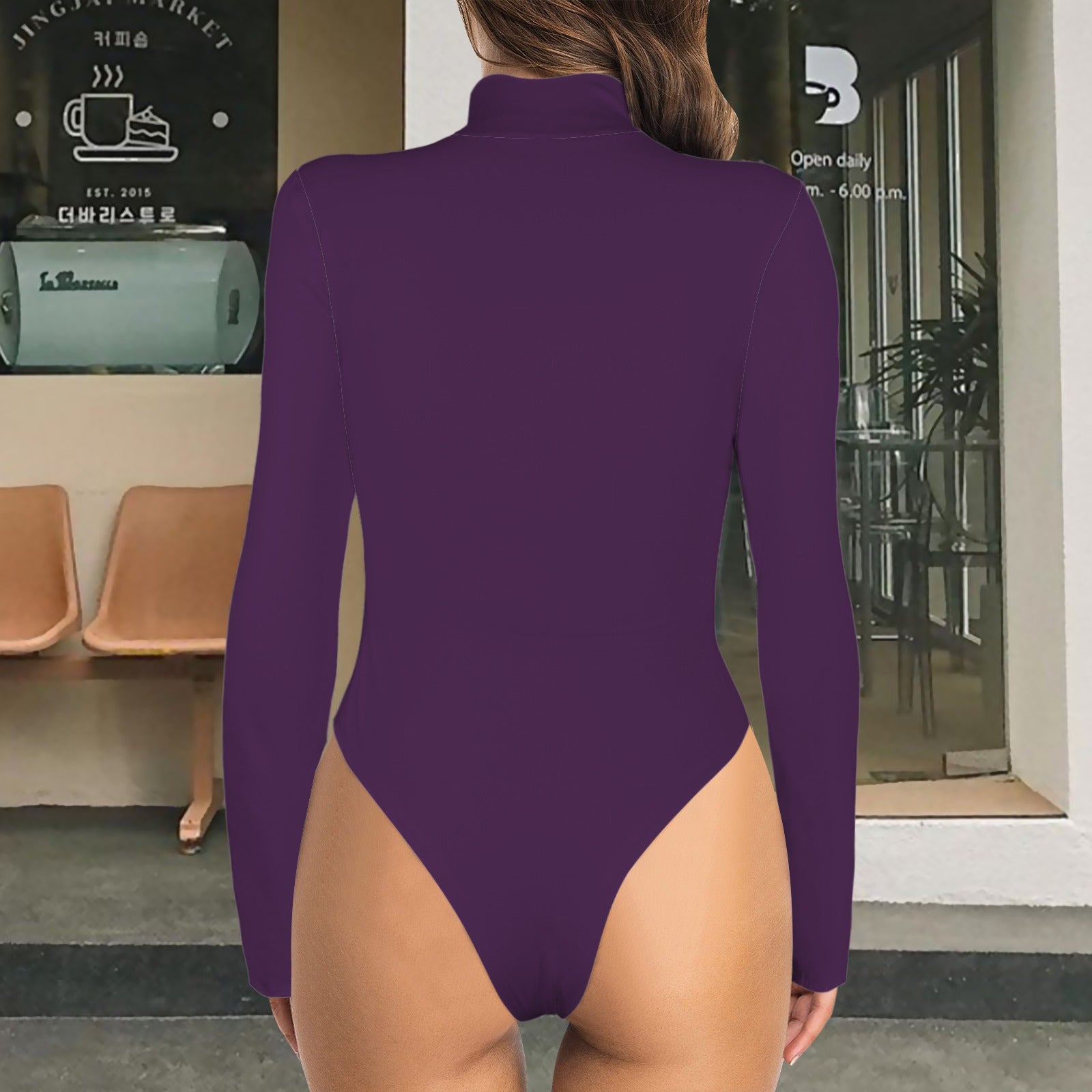 Turtle Neck Long Sleeve Bodysuit Flower Purple