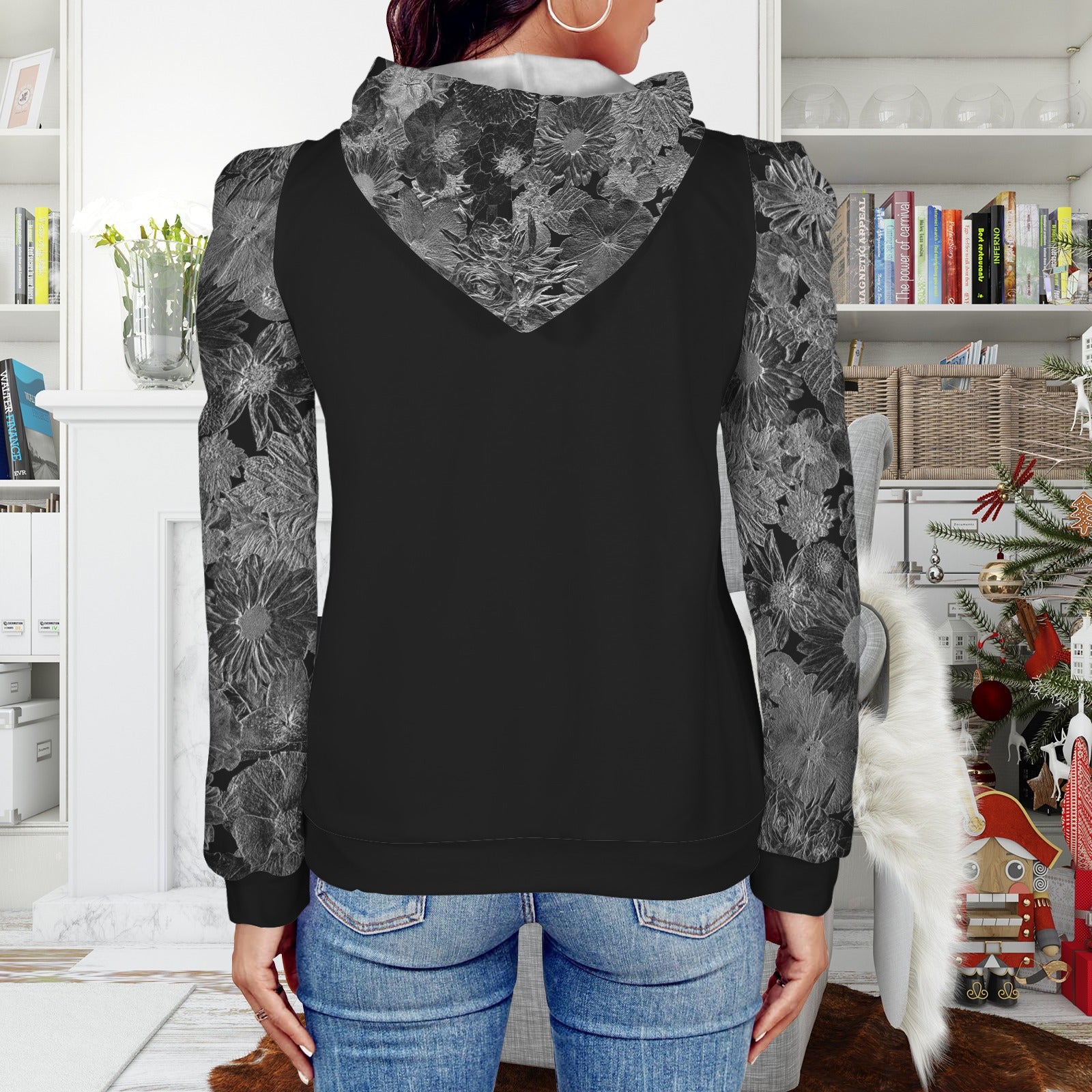 Pleated Puff Sleeve Hooded Fleece Sweatshirt Black Floral