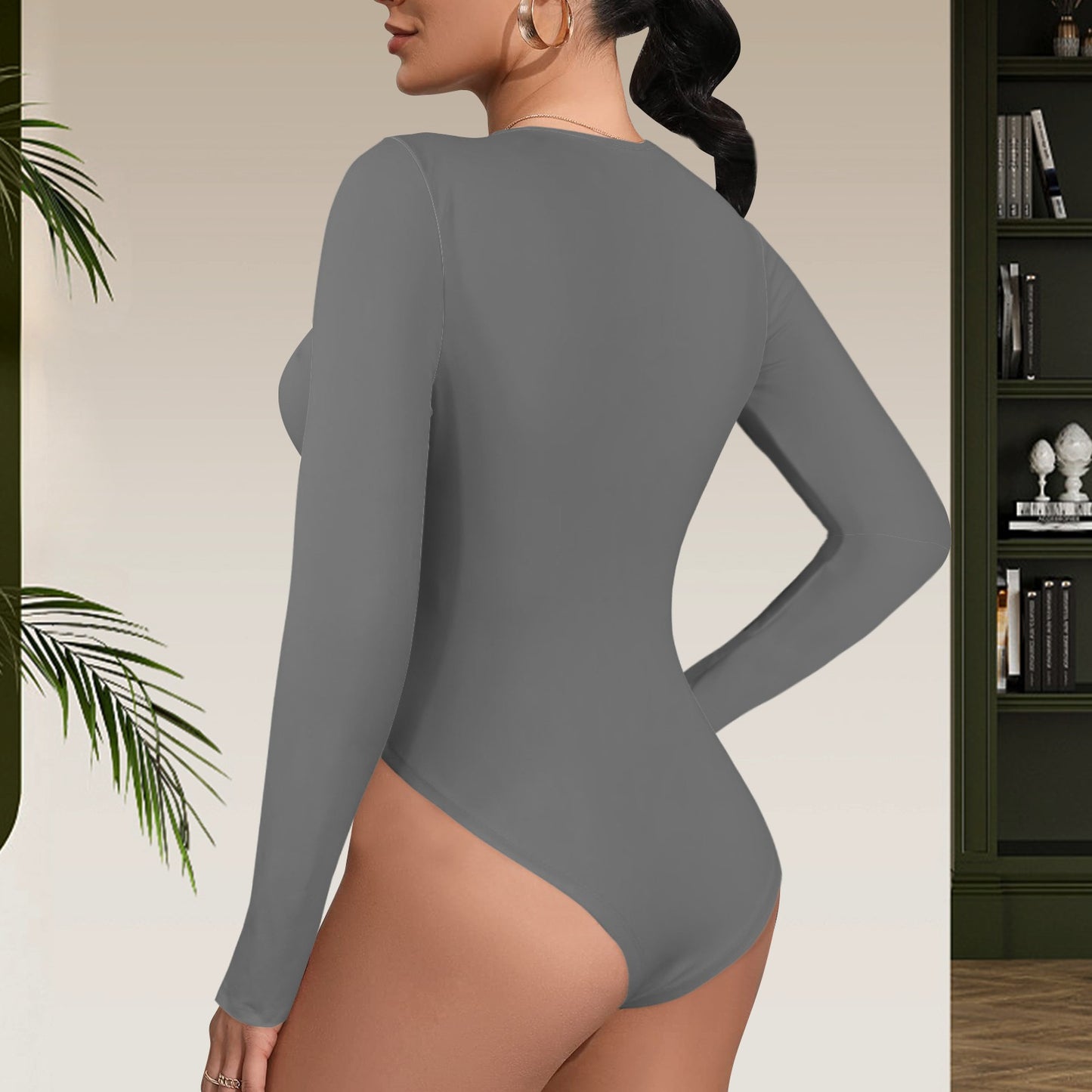 Round Neck Long Sleeve Bodysuit Grey