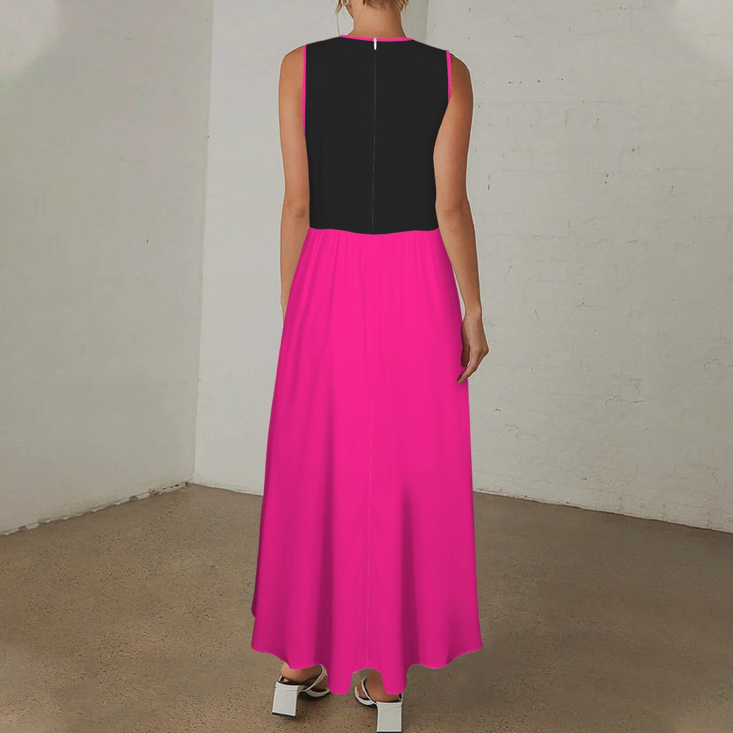 Deep V-Neck Sleeveless Hight Waisted Maxi Dress Magenta Black