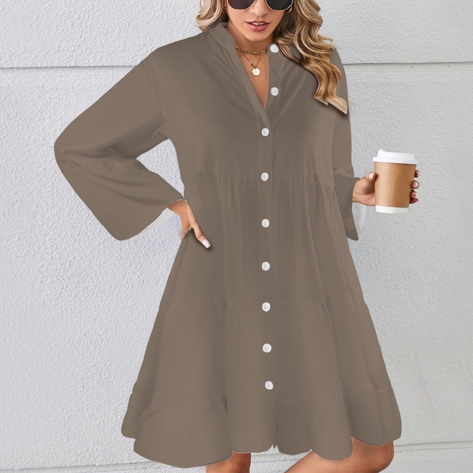 Taupe Flared Sleeve Button Tiered Shirt Dress