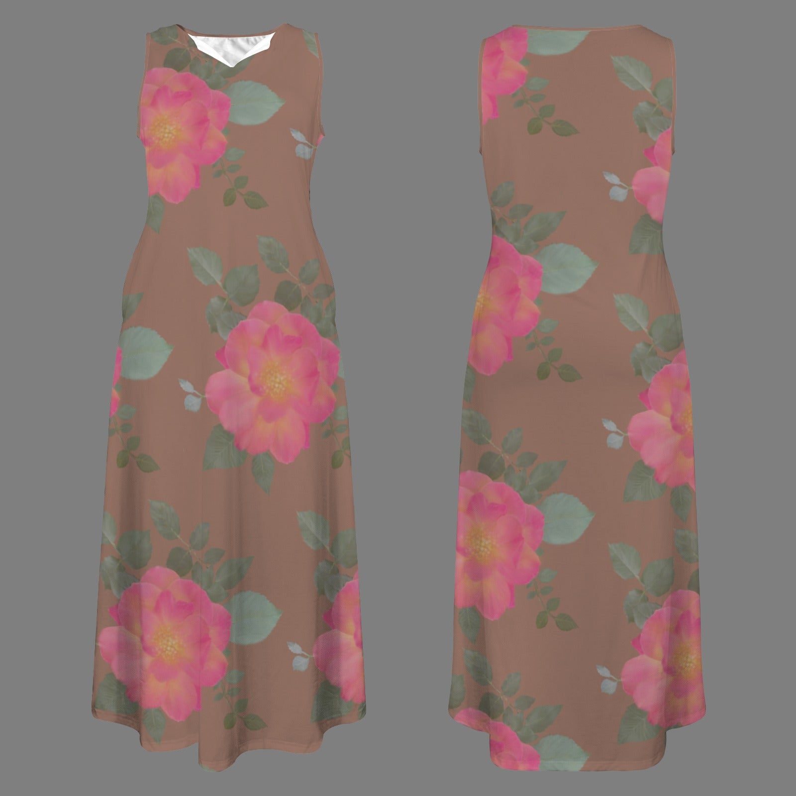 Sleeveless Maxi Dress Roses Brown