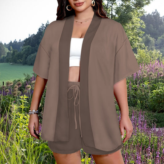 Open Front Lightweight Cardigan Top & Drawstring Waist Shorts Set Cocoa